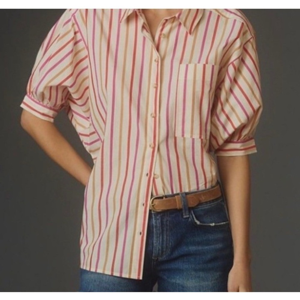 PILCRO  Anthropologie Puff Sleeve Painter Shirt XS Pink Tan White